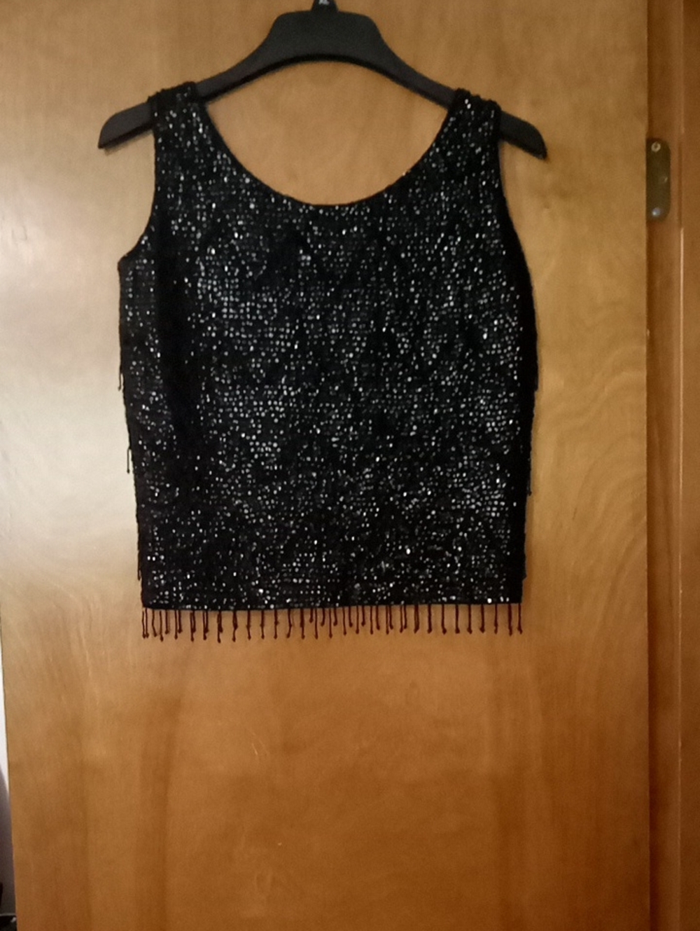 Vintage Women's Black Sequin, Beaded Fringe Tank Top